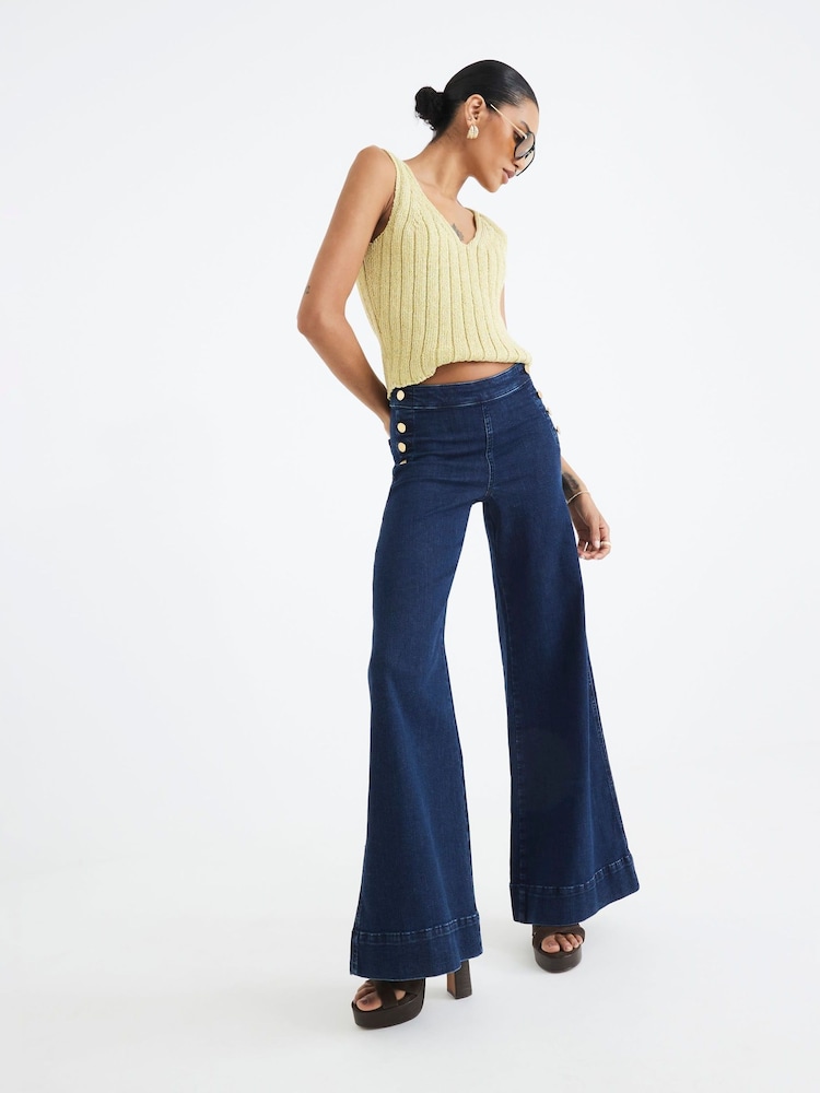 River Island Blue High Rise Button Palazzo Jeans - Image 4 of 4