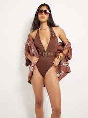 River Island Brown Plunge Buckle Scuba Swimsuit - Image 4 of 4