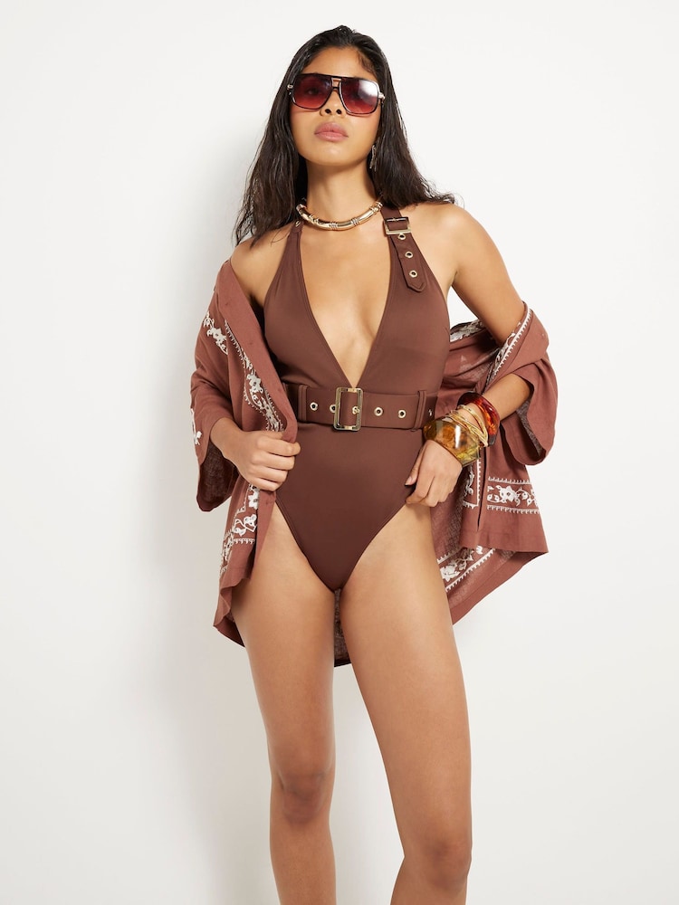 River Island Brown Plunge Buckle Scuba Swimsuit - Image 4 of 4