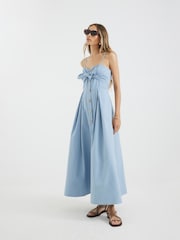 River Island Blue Bow Button Up 100% Cotton Midi Dress - Image 1 of 4