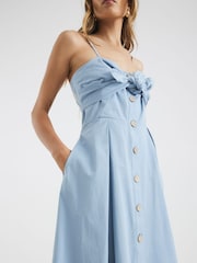 River Island Blue Bow Button Up 100% Cotton Midi Dress - Image 4 of 4