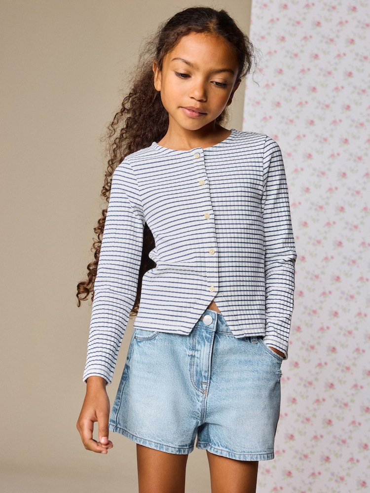 White Stripe Long Sleeve Ribbed Cardigan (3-16yrs) - Image 1 of 8 White Stripe Long Sleeve Ribbed Cardigan (3-16yrs) - Image 1 of 8