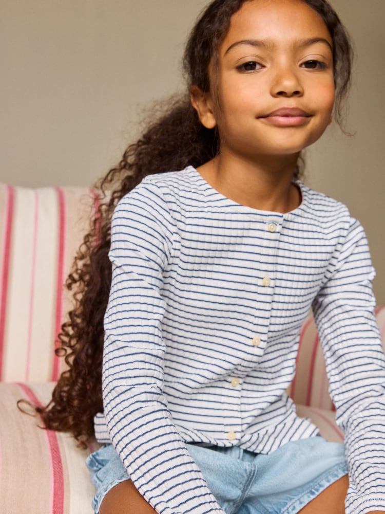 White Stripe Long Sleeve Ribbed Cardigan (3-16yrs) - Image 2 of 8 White Stripe Long Sleeve Ribbed Cardigan (3-16yrs) - Image 2 of 8