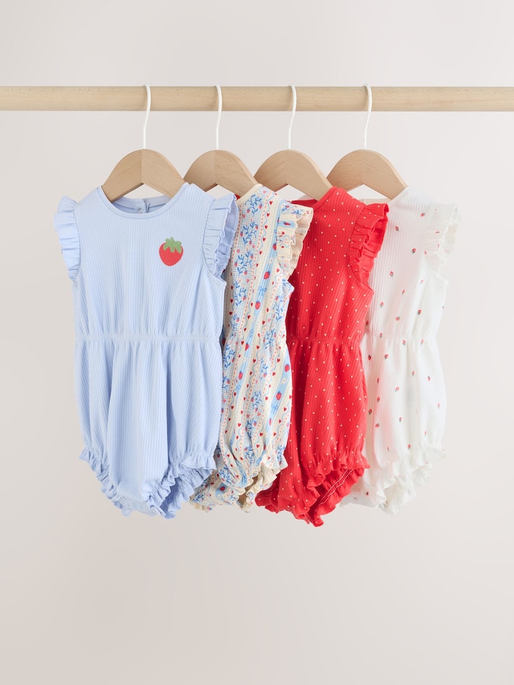 Blue Strawberry Frill Shoulder Baby Rompers 4 Pack - Image 1 of 12 Blue Strawberry Frill Shoulder Baby Rompers 4 Pack - Image 1 of 12