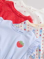 Blue Strawberry Frill Shoulder Baby Rompers 4 Pack - Image 9 of 12