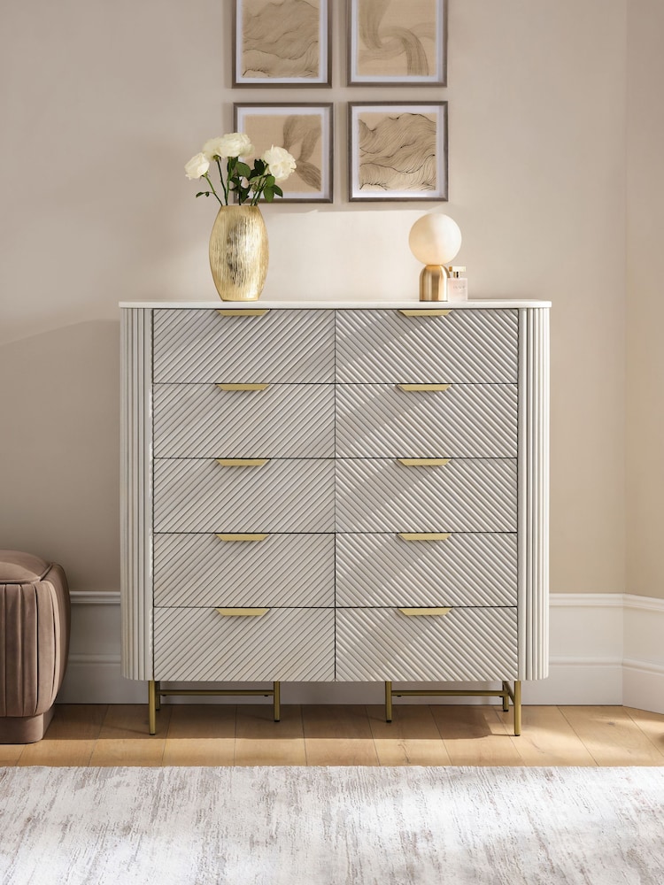 Light Grey Valencia Marble and Mango Wood 10 Drawer Chest - Image 1 of 8 Light Grey Valencia Marble and Mango Wood 10 Drawer Chest - Image 1 of 8