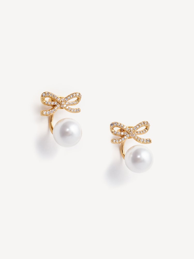 Self-Portrait Gold Tone Bow Pearl Jacket Earrings - Image 1 of 4