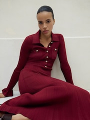 Self-Portrait Red Ribbed Knit Midi Dress - Image 5 of 5
