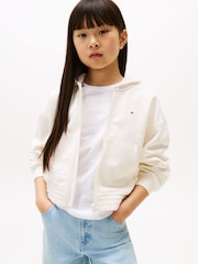 Tommy Hilfiger White Textured Logo Relaxed Zip Through Hoodie - Image 1 of 5