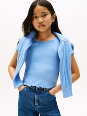 Tommy Hilfiger Blue Slim Ruffle Short Sleeve Ribbed Top - Image 1 of 5