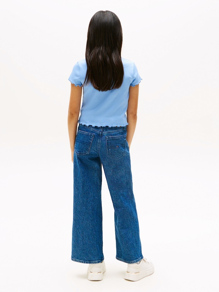 Tommy Hilfiger Blue Slim Ruffle Short Sleeve Ribbed Top - Image 2 of 5
