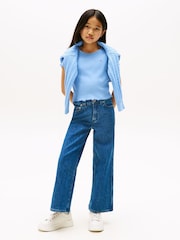 Tommy Hilfiger Blue Slim Ruffle Short Sleeve Ribbed Top - Image 3 of 5