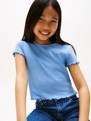 Tommy Hilfiger Blue Slim Ruffle Short Sleeve Ribbed Top - Image 4 of 5