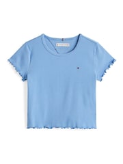 Tommy Hilfiger Blue Slim Ruffle Short Sleeve Ribbed Top - Image 5 of 5