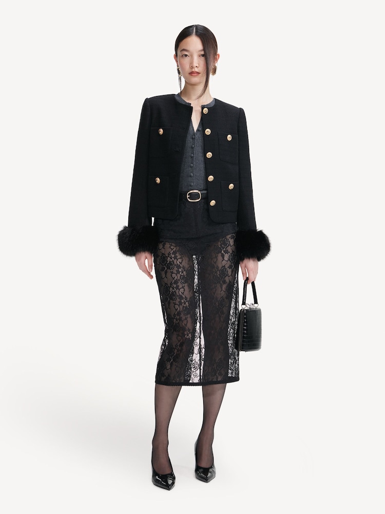 Self-Portrait Black Boucle Fur Cuff Jacket - Image 1 of 4 Self-Portrait Black Boucle Fur Cuff Jacket - Image 1 of 4