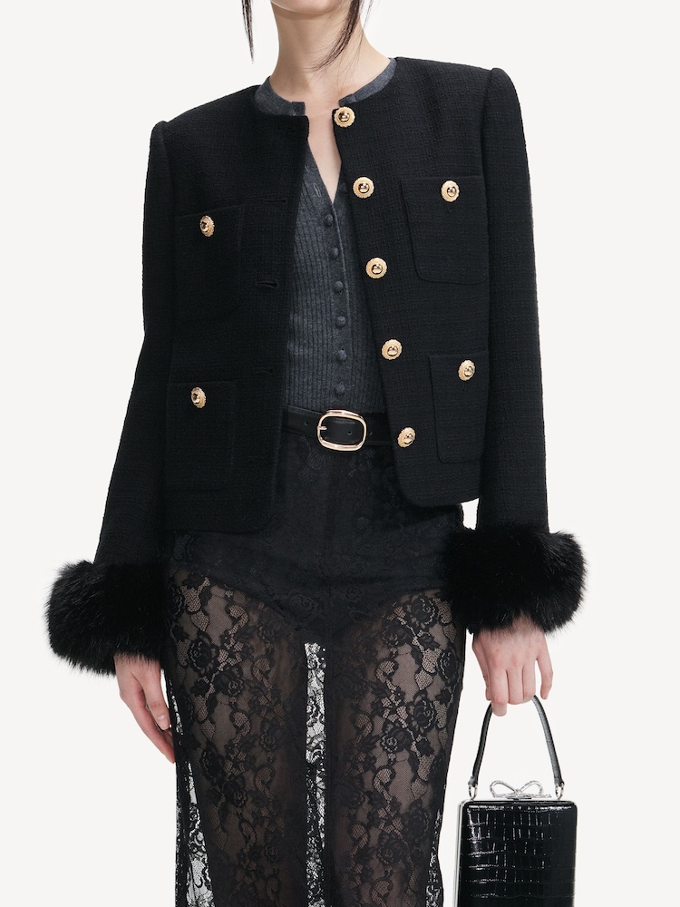 Self-Portrait Black Boucle Fur Cuff Jacket - Image 4 of 4
