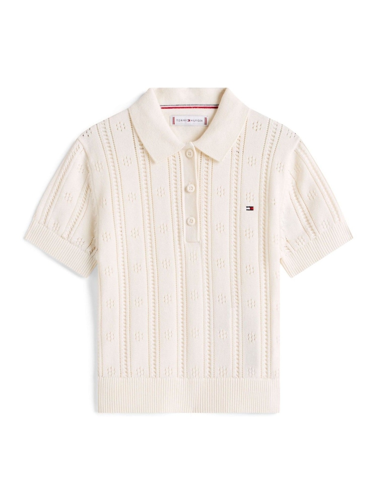 Tommy Hilfiger Cream Relaxed Pointelle Polo Shirt - Image 5 of 5