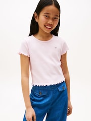 Tommy Hilfiger Pink Slim Ruffle Short Sleeve Ribbed Top - Image 1 of 5