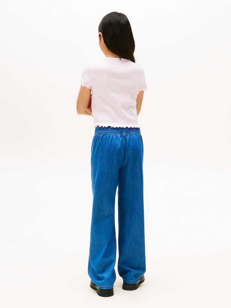 Tommy Hilfiger Pink Slim Ruffle Short Sleeve Ribbed Top - Image 2 of 5