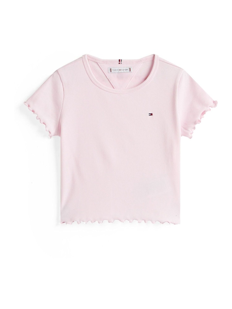 Tommy Hilfiger Pink Slim Ruffle Short Sleeve Ribbed Top - Image 5 of 5