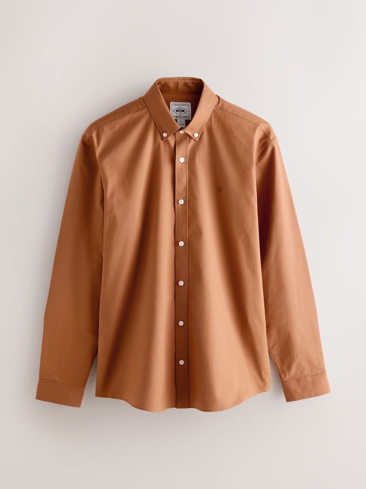 Brown Stretch Oxford Long Sleeve Shirt - Image 1 of 4 Brown Stretch Oxford Long Sleeve Shirt - Image 1 of 4
