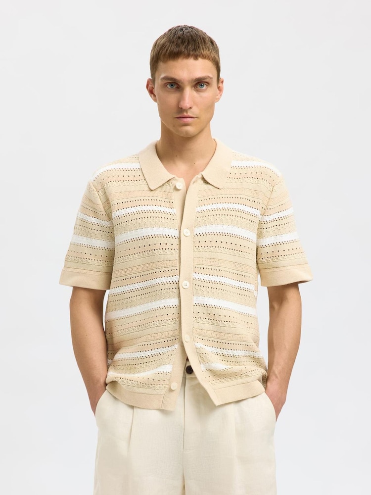 Selected Homme Cream Short Sleeve Crochet Button Through Polo Cardigan - Image 1 of 4
