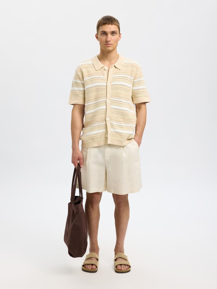 Selected Homme Cream Short Sleeve Crochet Button Through Polo Cardigan - Image 2 of 4