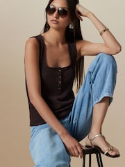 Chocolate Brown Textured Henley Detail Tank - Image 4 of 7