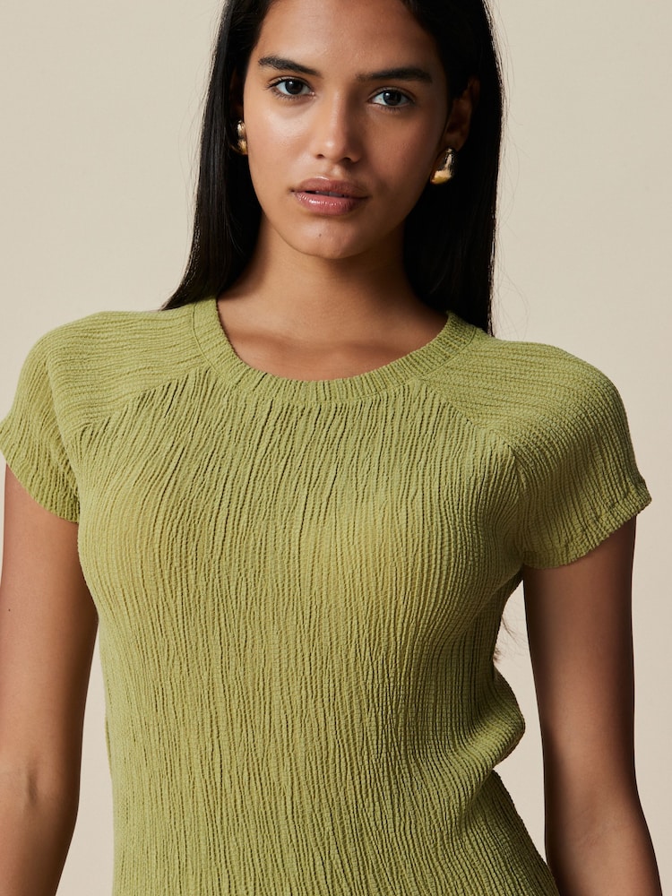 Khaki Green Raglan Short Sleeve Textured Top - Image 4 of 4