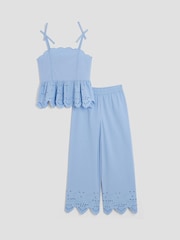 River Island Blue Girls Broiderie Top 100% Cotton Trousers Set - Image 1 of 5