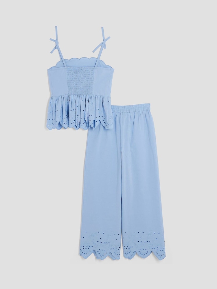 River Island Blue Girls Broiderie Top 100% Cotton Trousers Set - Image 2 of 5