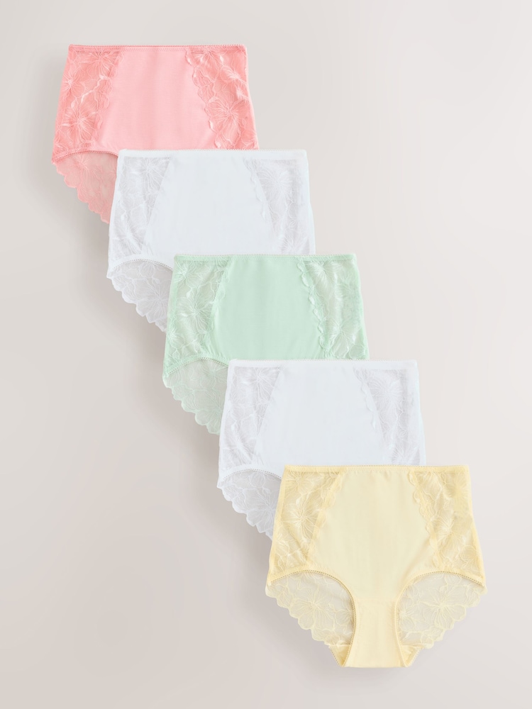 ホワイト／ピンク／ミント／イエロー - モダール & レース ショーツ 5 枚組 - 画像 1 / 8