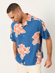 FatFace French Navy Short Sleeve Relaxed Fit Large Hawaiian Floral Shirt - Image 1 of 6