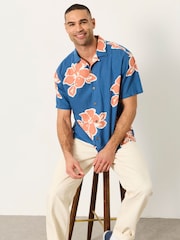 FatFace French Navy Short Sleeve Relaxed Fit Large Hawaiian Floral Shirt - Image 5 of 6