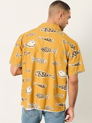 FatFace Dark Yellow Short Sleeve Relaxed Fit Fish Print Shirt - Image 2 of 6