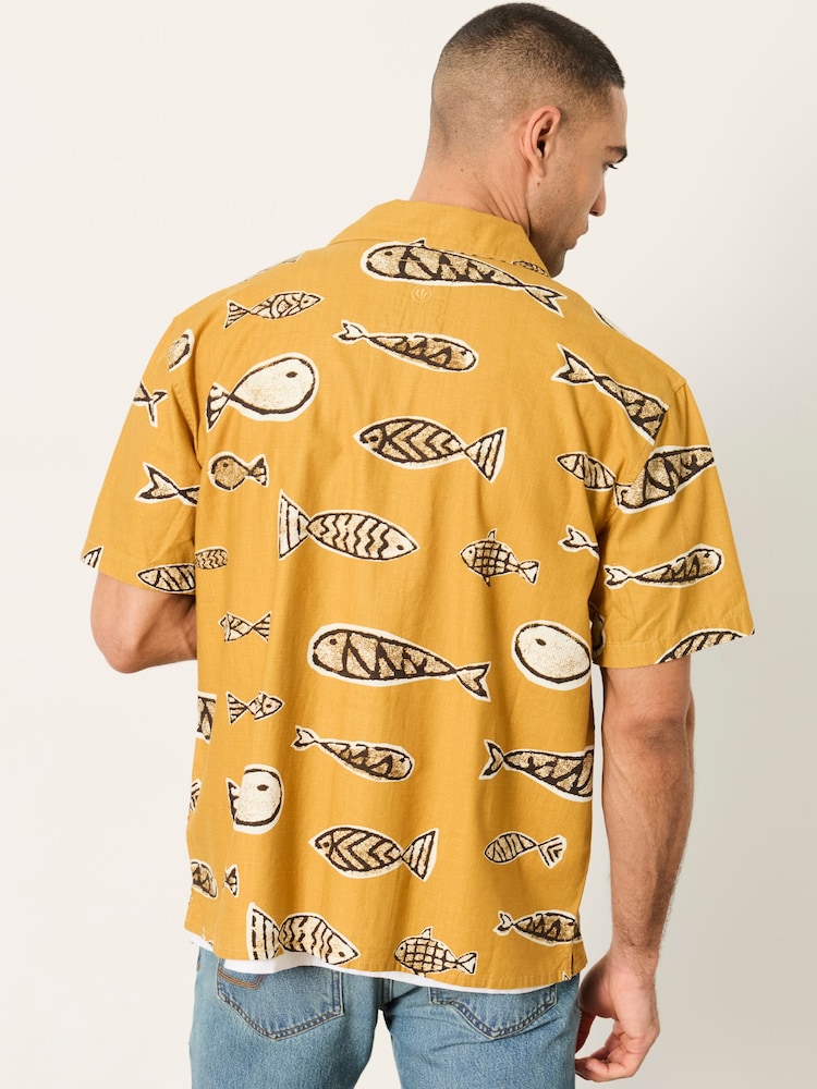 FatFace Dark Yellow Short Sleeve Relaxed Fit Fish Print Shirt - Image 2 of 6