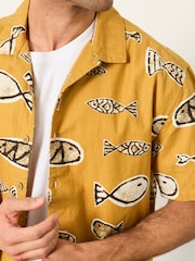 FatFace Dark Yellow Short Sleeve Relaxed Fit Fish Print Shirt - Image 3 of 6