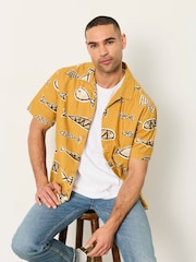 FatFace Dark Yellow Short Sleeve Relaxed Fit Fish Print Shirt - Image 5 of 6