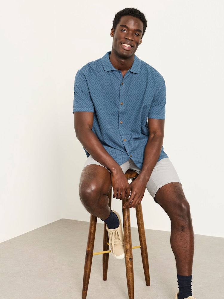 FatFace Dark Teal Blue Short Sleeve Relaxed Fit Garment Dye Geo Textured Shirt - Image 1 of 6