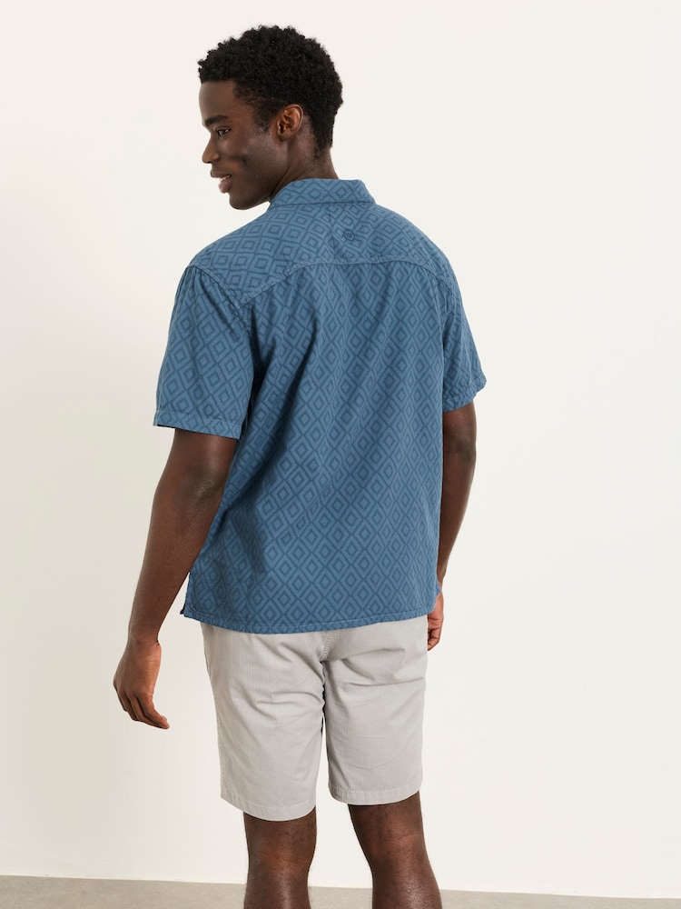 FatFace Dark Teal Blue Short Sleeve Relaxed Fit Garment Dye Geo Textured Shirt - Image 2 of 6