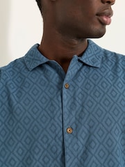 FatFace Dark Teal Blue Short Sleeve Relaxed Fit Garment Dye Geo Textured Shirt - Image 5 of 6