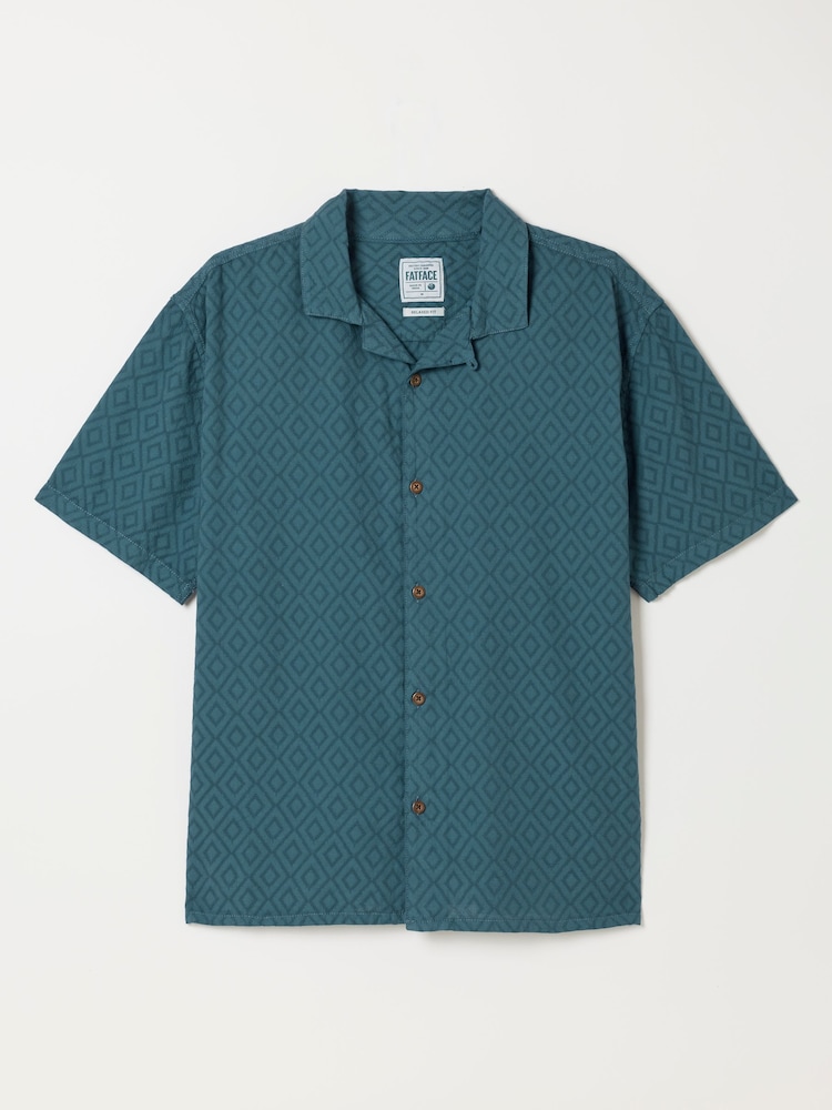 FatFace Dark Teal Blue Short Sleeve Relaxed Fit Garment Dye Geo Textured Shirt - Image 6 of 6