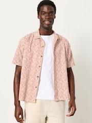 FatFace Rust Red Short Sleeve Relaxed Fit Linear Leaf Print Shirt - Image 1 of 6