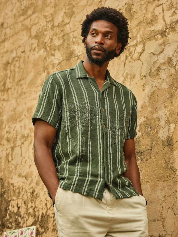 FatFace Dark Green Short Sleeve Relaxed Fit Stripe Shirt With Palm Embroidery - Image 1 of 6 FatFace Dark Green Short Sleeve Relaxed Fit Stripe Shirt With Palm Embroidery - Image 1 of 6