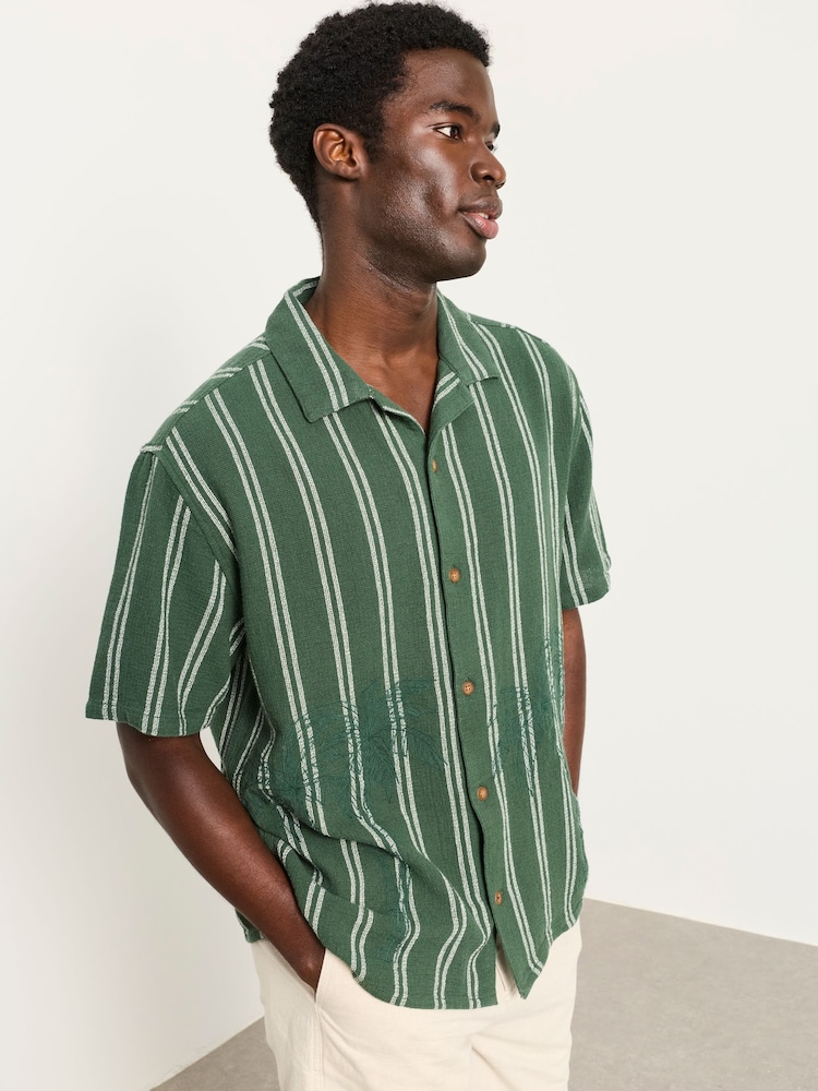 FatFace Dark Green Short Sleeve Relaxed Fit Stripe Shirt With Palm Embroidery - Image 2 of 6 FatFace Dark Green Short Sleeve Relaxed Fit Stripe Shirt With Palm Embroidery - Image 2 of 6