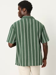 FatFace Dark Green Short Sleeve Relaxed Fit Stripe Shirt With Palm Embroidery - Image 3 of 6