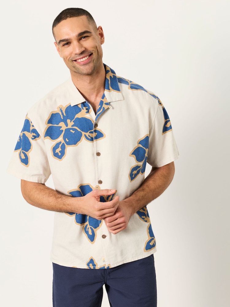 FatFace Natural Short Sleeve Relaxed Fit Large Hawaiian Floral Shirt - Image 1 of 6