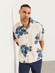 FatFace Natural Short Sleeve Relaxed Fit Large Hawaiian Floral Shirt - Image 5 of 6