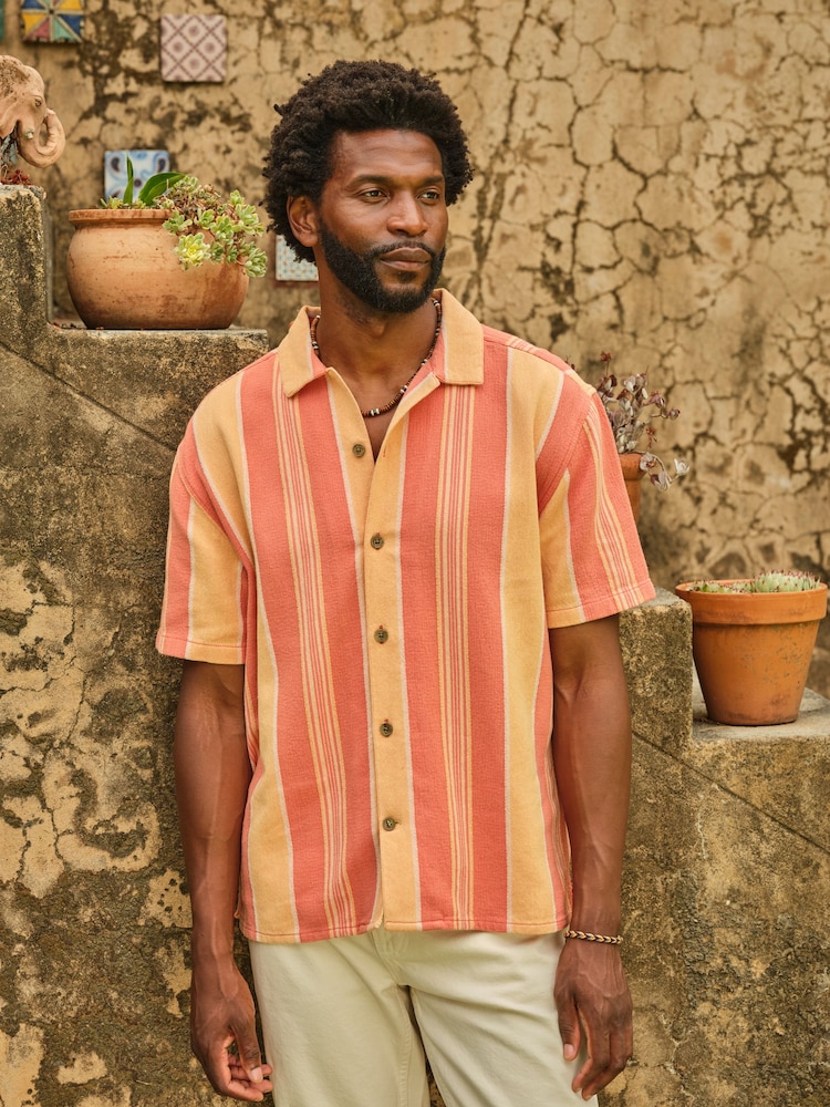 FatFace Coral Pink Short Sleeve Relaxed Fit Pier Stripe Shirt - Image 1 of 8