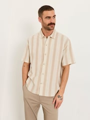 FatFace Natural Short Sleeve Relaxed Fit Linen Cotton Stripe Shirt - Image 1 of 6
